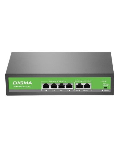 DSP204F-2F-T80 DSP204F-2F-T80 V1 (L2) 6х100Мбит/с 4PoE 4PoE+ 80W. Коммутатор с питанием по PoE. Digma в Копейске
