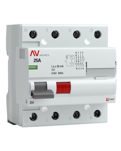 DV 4P 25А/ 30мА (AC)  AVERES (rccb-4-25-30-ac-av). Выключатели дифференциального тока (УЗО). EKF в Копейске