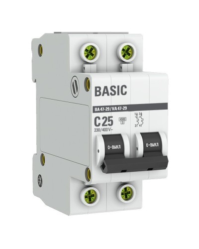 Автоматический выключатель 2P 25А (C) 4,5кА ВА 47-29 Basic (mcb4729-2-25C). Автоматический выключатель. EKF в Копейске