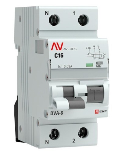 DVA-6 1P+N 16А (C) 30мА (A) 6кА  AVERES (rcbo6-1pn-16C-30-a-av). Автоматический выключатель дифференциального тока. EKF в Копейске