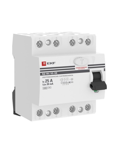 УЗО ВД-100 4P 25А 30мА тип AC эл-мех  PROxima (elcb-4-25-30-em-pro). Выключатель дифференциального тока (УЗО). EKF в Копейске