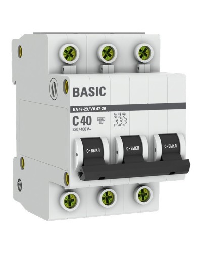 Автоматический выключатель 3P 40А (C) 4,5кА ВА 47-29 Basic (mcb4729-3-40C). Автоматический выключатель. EKF в Копейске