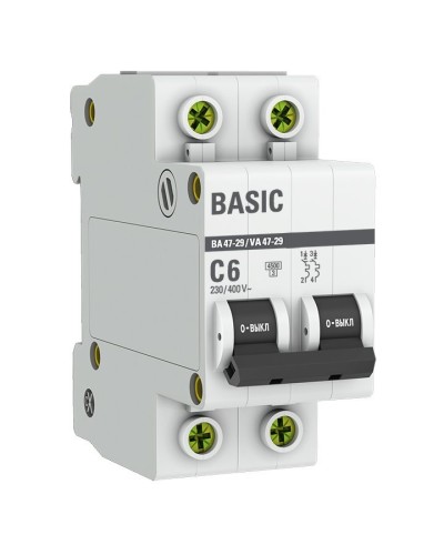 Автоматический выключатель 2P 6А (C) 4,5кА ВА 47-29 Basic (mcb4729-2-06C). Автоматический выключатель. EKF в Копейске