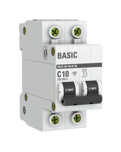 Автоматический выключатель 2P 10А (C) 4,5кА ВА 47-29 Basic (mcb4729-2-10C). Автоматический выключатель. EKF в Копейске